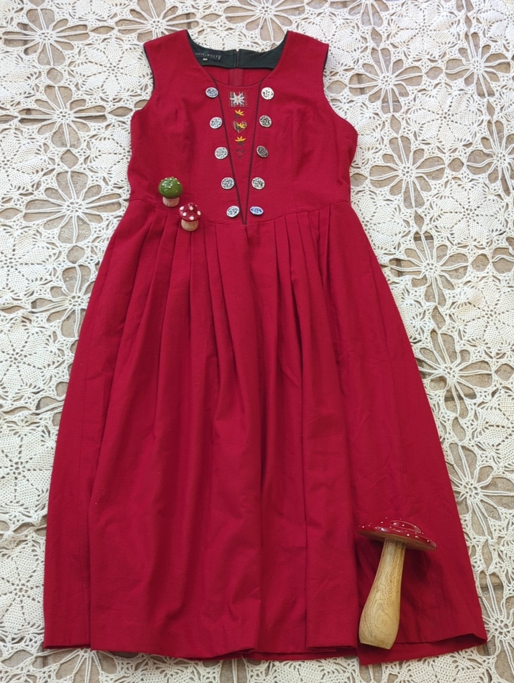 Berwin & Wolff Vintage Folk-Style Wool Dress with Embroidery And Pleated Skirt